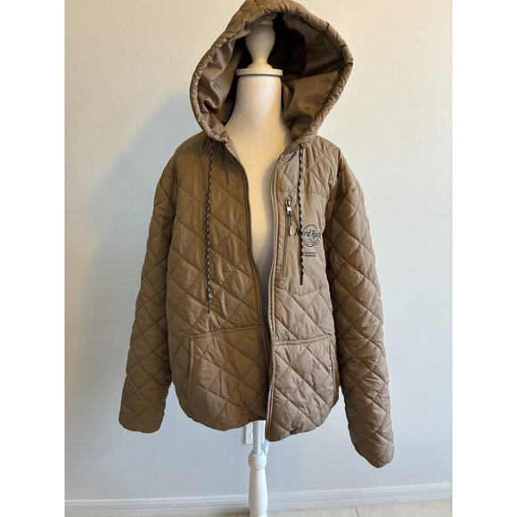 Hard Rock Cafe Bomber Puffer Jacket Men L Snow Coat Retro Ski Tan Brown Hoodie - Picture 9 of 16